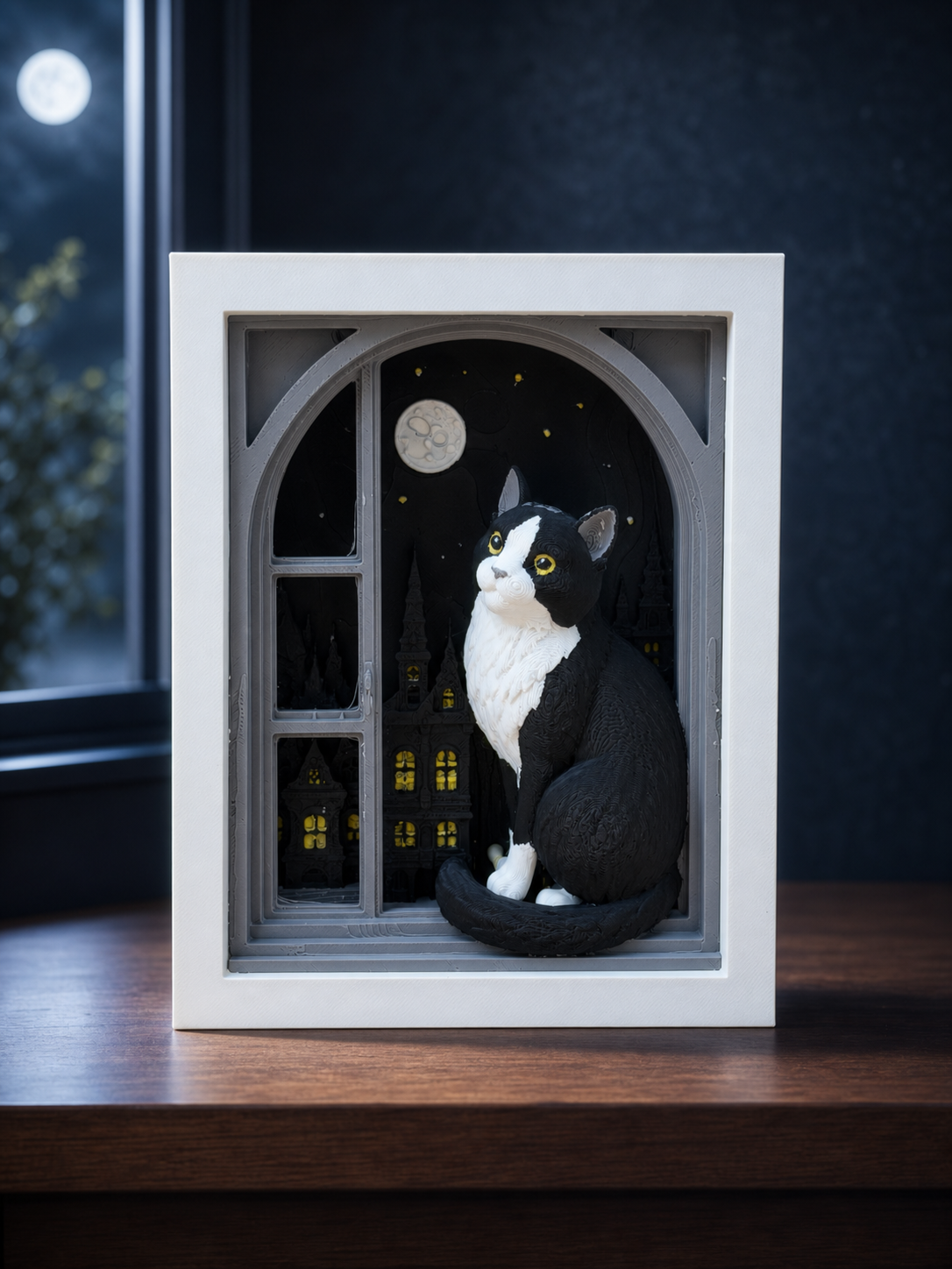 Tuxedo-Katze am Mondfenster – freistehende Schattenbox FehnFactory