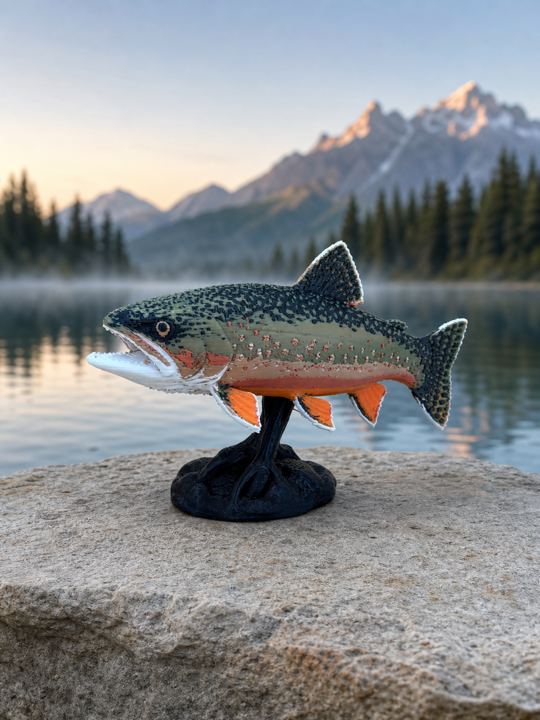 Regenbogenforelle auf Sockel – freistehende Fischskulptur FehnFactory