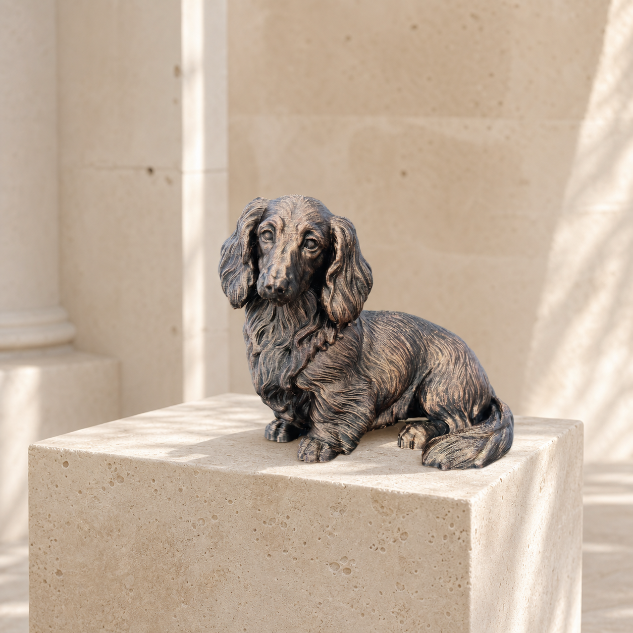 Langhaardackel – detailreiche sitzende Hundefigur | Geschenk für Dackel-Fans | Made in Germany Fehn-factory.de