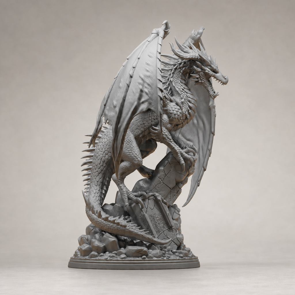 Brüllender Flügeldrache – Fantasy-Statue auf Ruinensockel FehnFactory