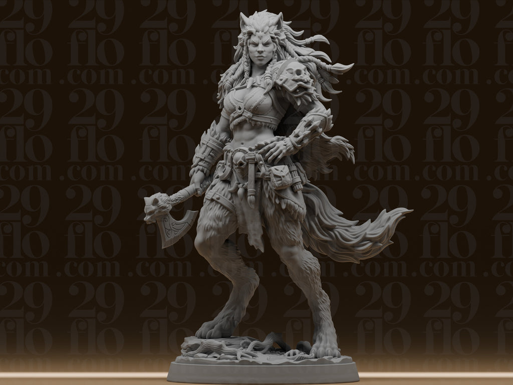 Wolfskriegerin mit Streitaxt – Fantasy-Skulptur FehnFactory