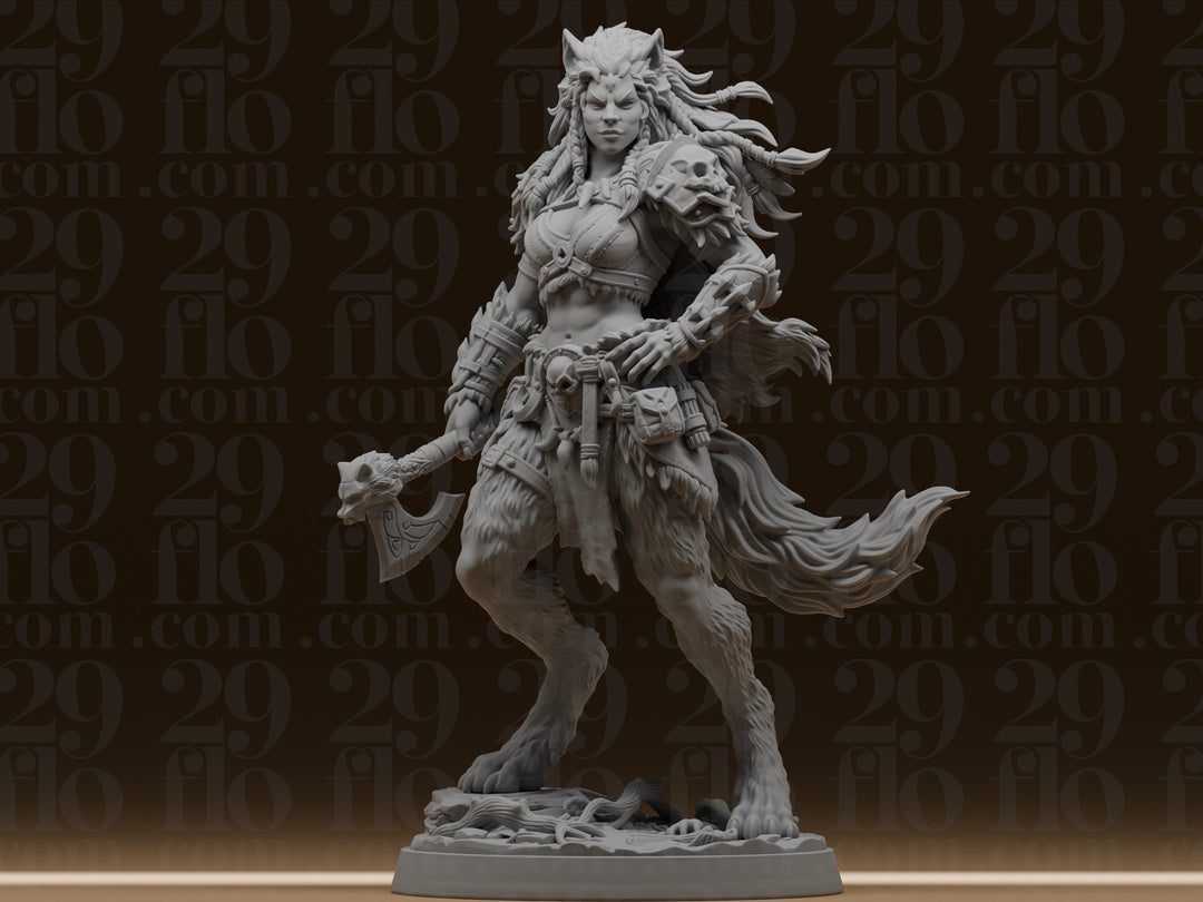 Wolfskriegerin mit Streitaxt – Fantasy-Skulptur FehnFactory