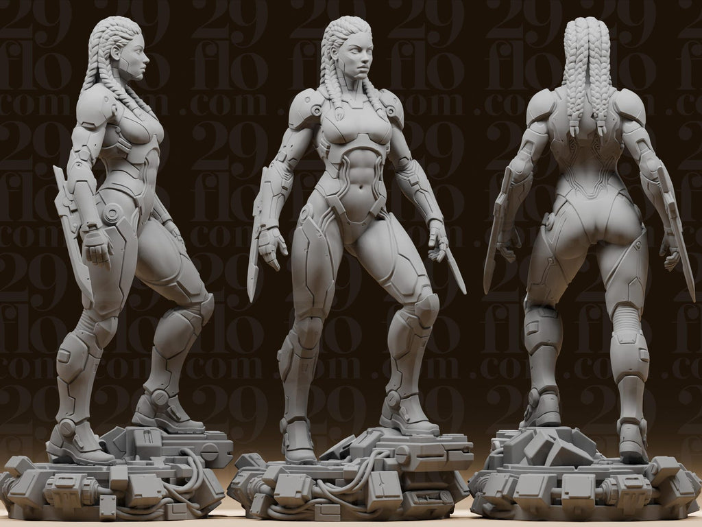 Cyberpunk-Kriegerin mit Armklingen – Sci-Fi-Skulptur FehnFactory