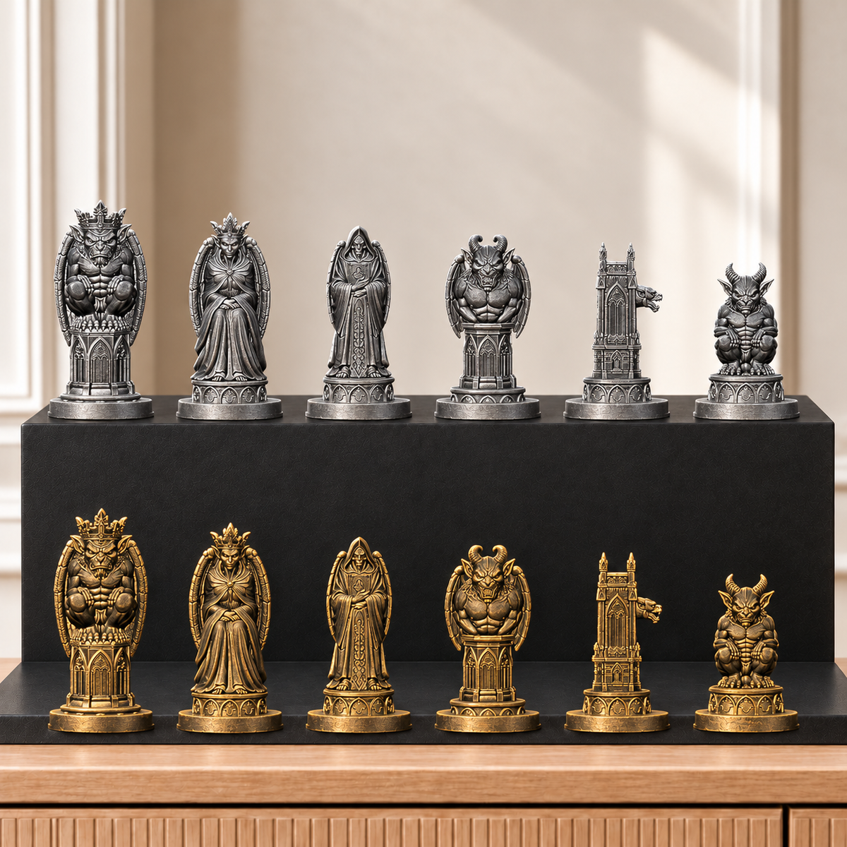 Gothic-Wasserspeier Schachset – 02 silber gold handbemalt