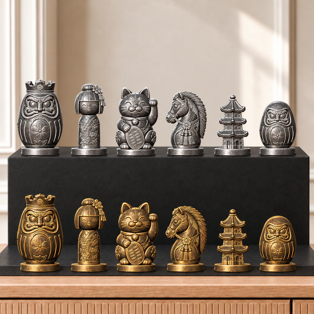 Japanische Glücksbringer Schachset – 02 silber gold handbemalt