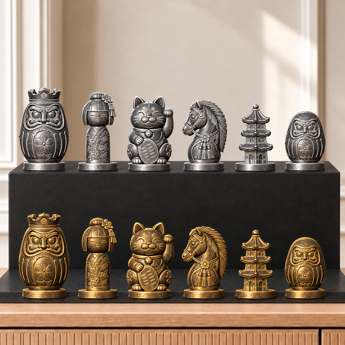 Japanische Glücksbringer Schachset – 02 silber gold handbemalt