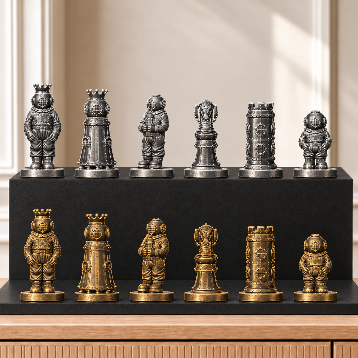 Tiefseetaucher Schachset – 02 silber gold handbemalt