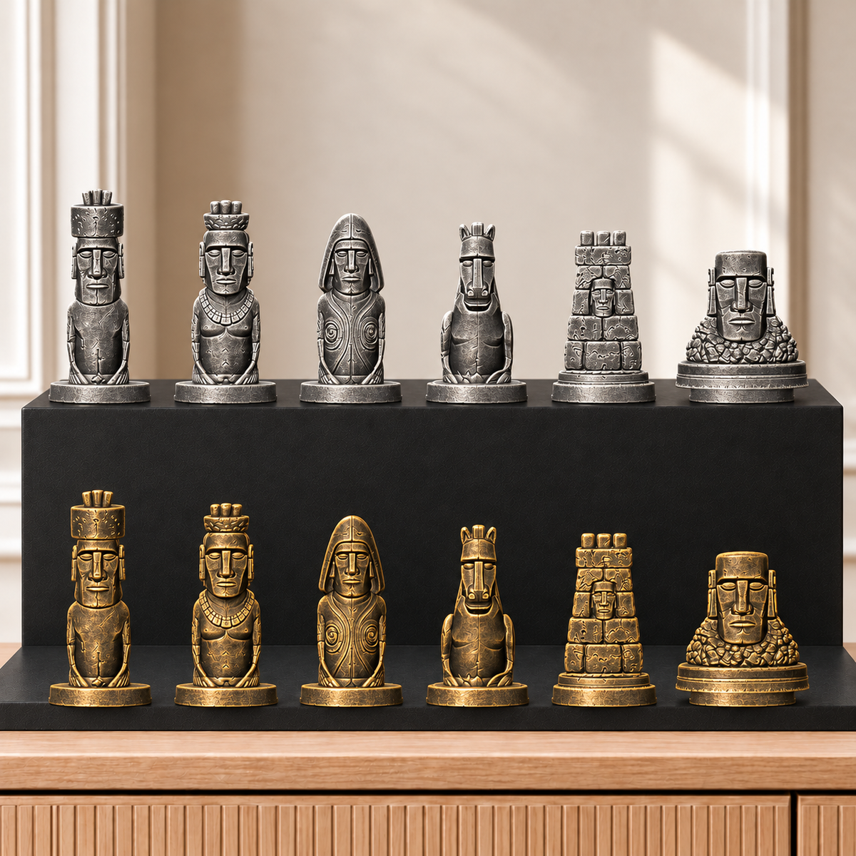 Moai – Osterinsel Schachset – 02 silber gold handbemalt