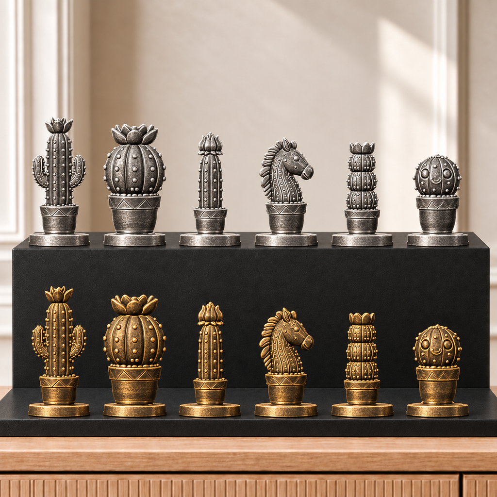 Kakteen Schachset – 02 silber gold handbemalt