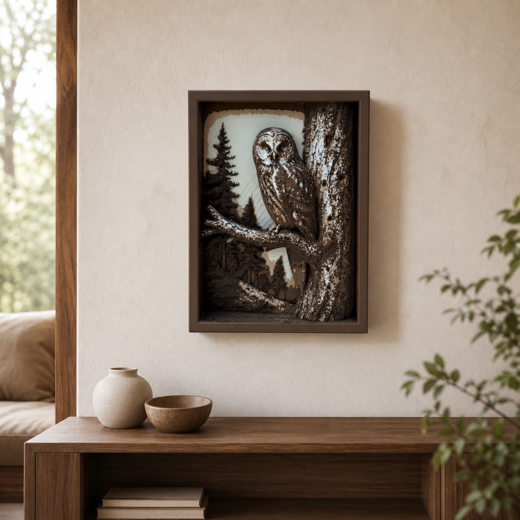 Silent Sentinel Eule – gerahmte Schattenbox FehnFactory