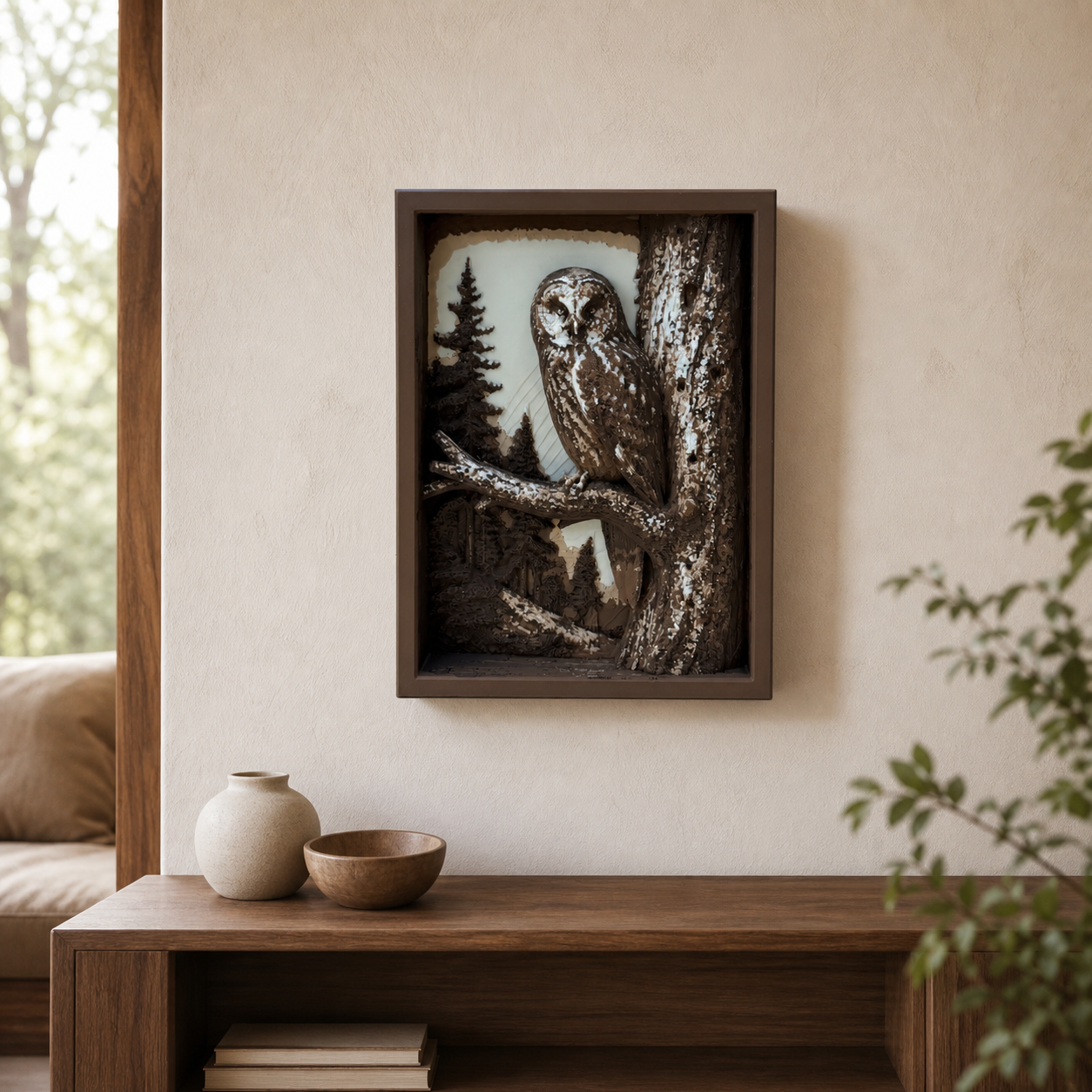 Silent Sentinel Eule – gerahmte Schattenbox FehnFactory
