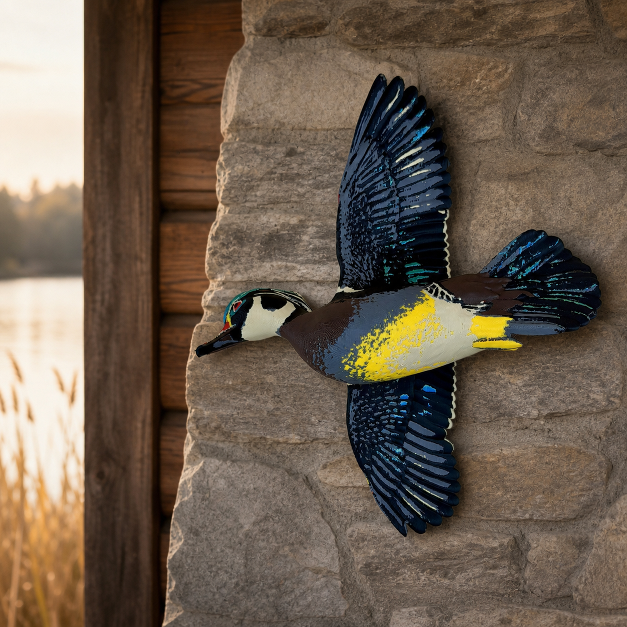 Fliegende Brautente – Mehrfarbige Wildvogel-Skulptur FehnFactory