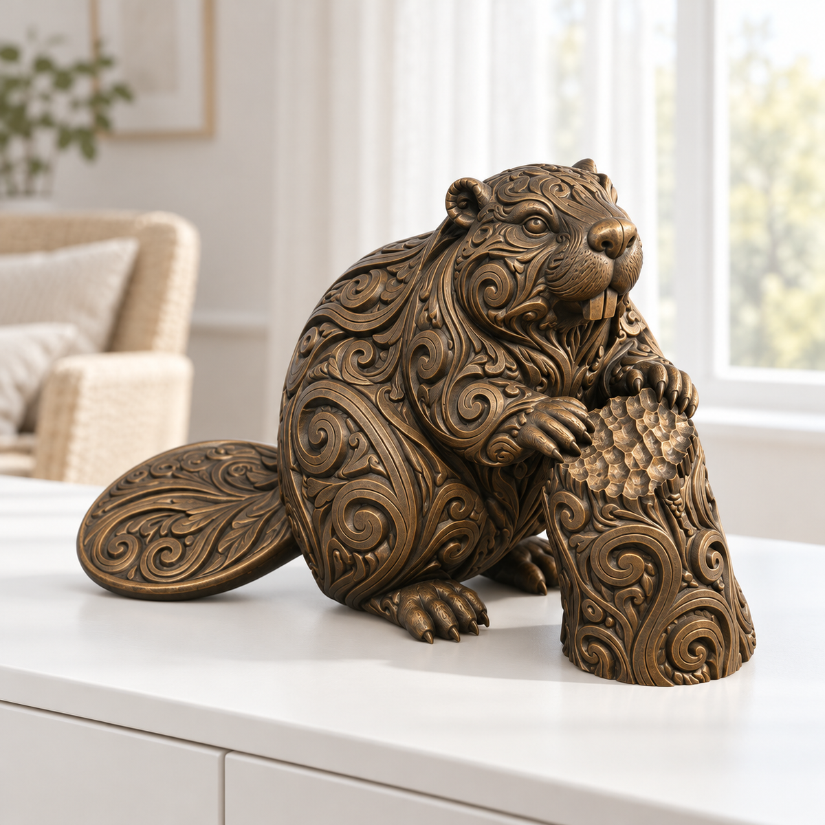 Biber am Baumstamm Ornament - Bronze handbemalt Wohnzimmer