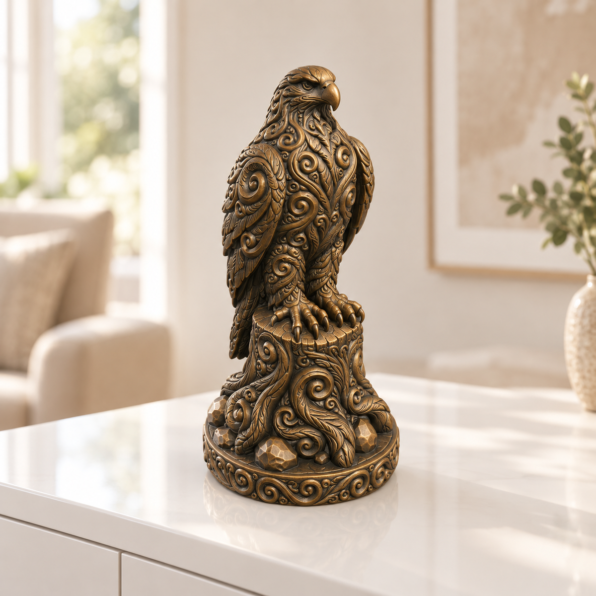 Wanderfalke auf Stamm Ornament - Bronze handbemalt Wohnzimmer