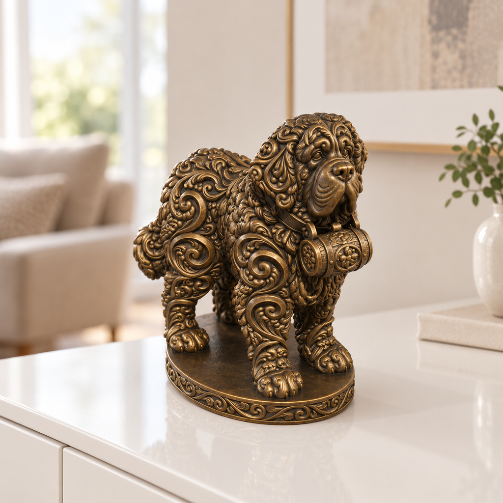 Bernhardiner mit Fass Ornament - Bronze handbemalt Wohnzimmer