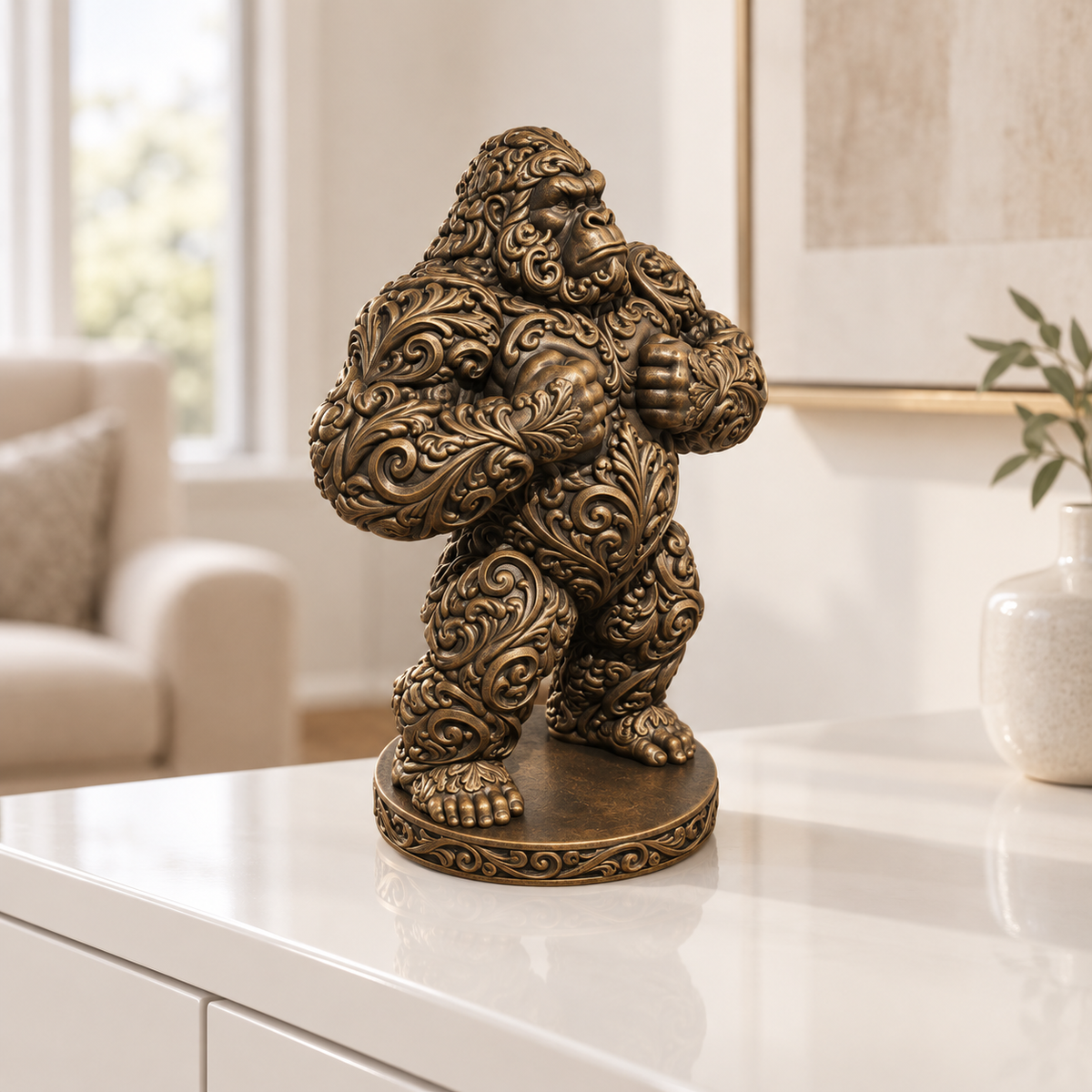 Gorilla trommelnd Ornament - Bronze handbemalt Wohnzimmer