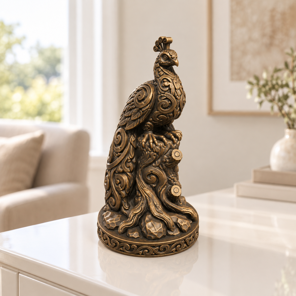 Pfau auf Baumstumpf Ornament - Bronze handbemalt Wohnzimmer