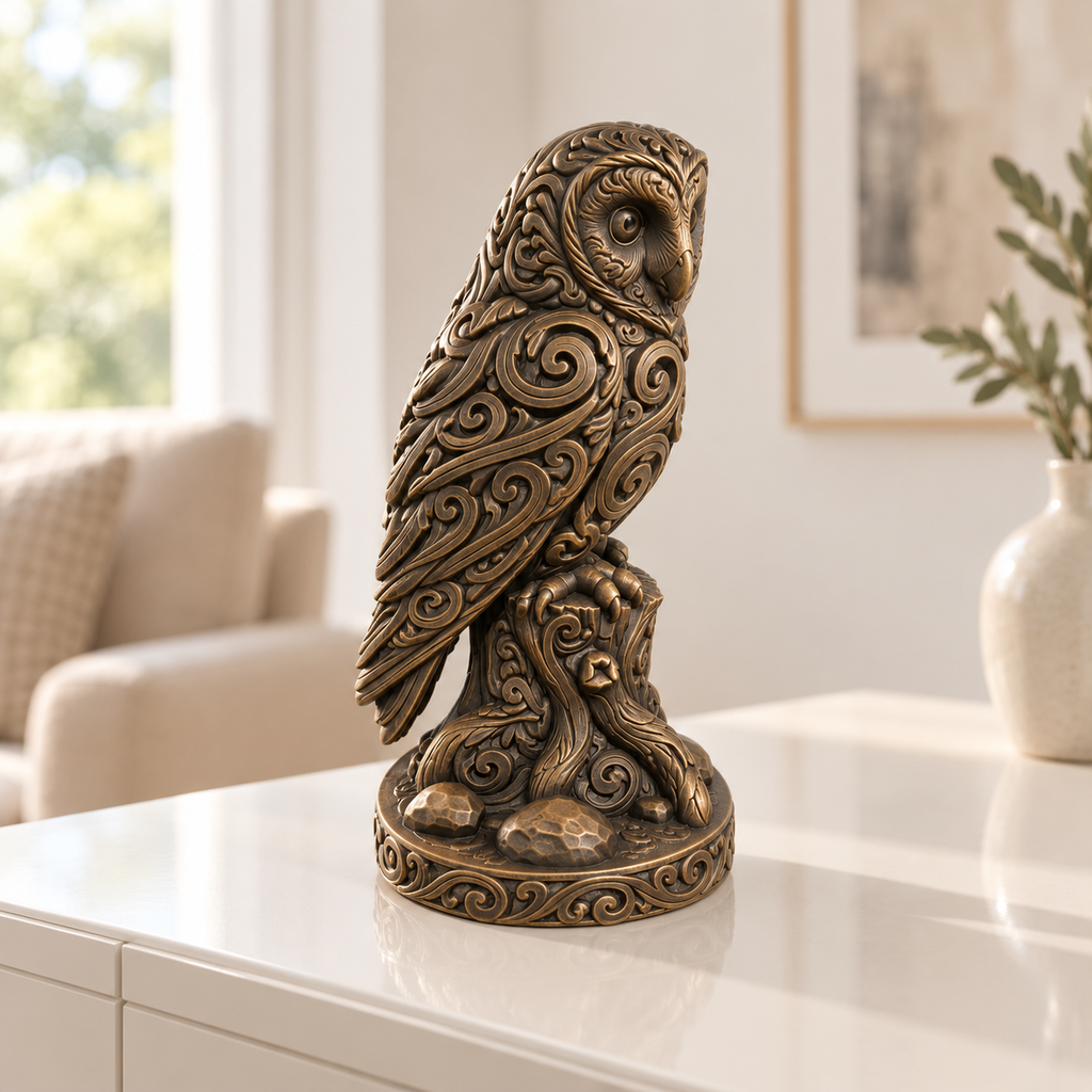 Schleiereule auf Stamm Ornament - Bronze handbemalt Wohnzimmer