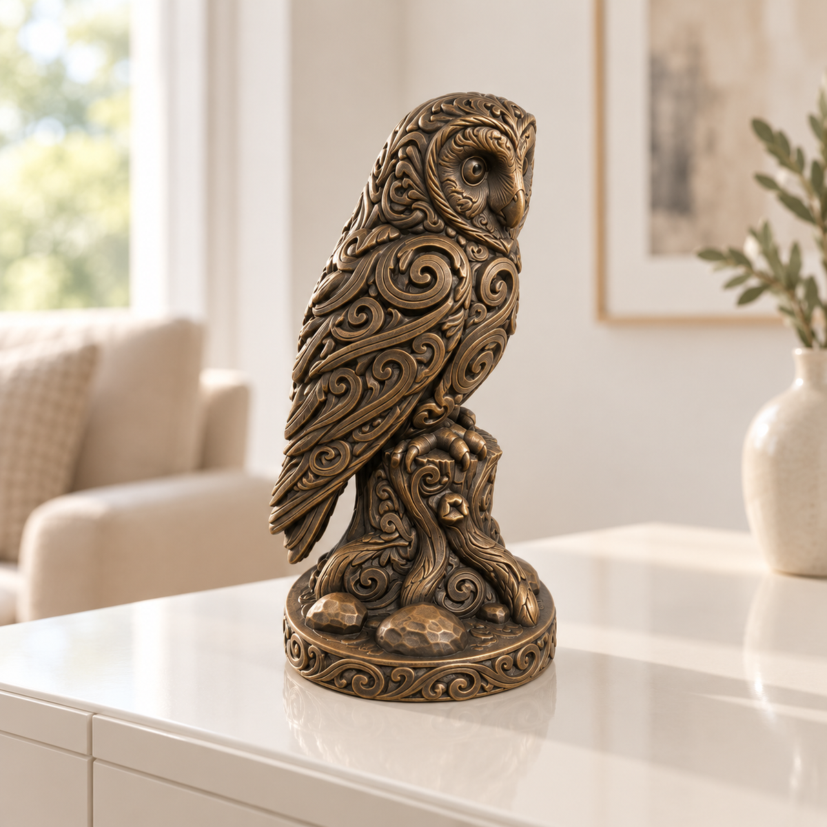 Schleiereule auf Stamm Ornament - Bronze handbemalt Wohnzimmer