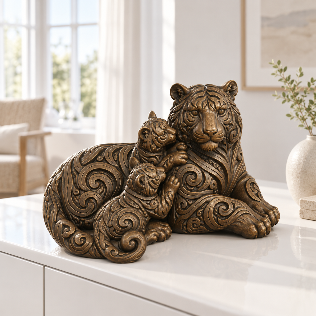 Tiger mit Jungen Ornament - Bronze handbemalt Wohnzimmer