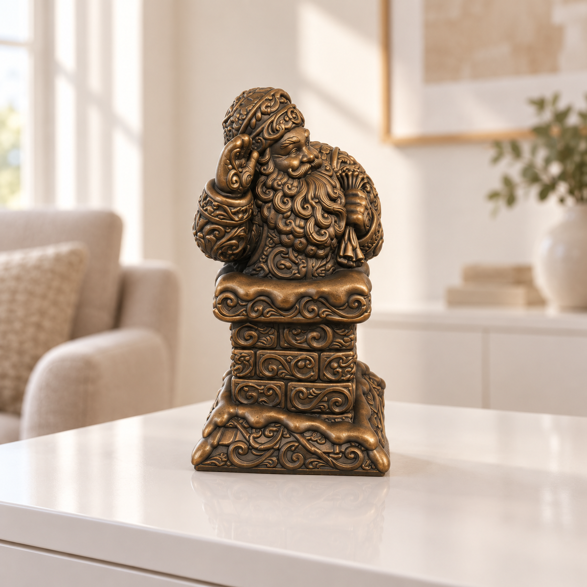 Weihnachtsmann am Kamin Ornament - Bronze handbemalt Wohnzimmer