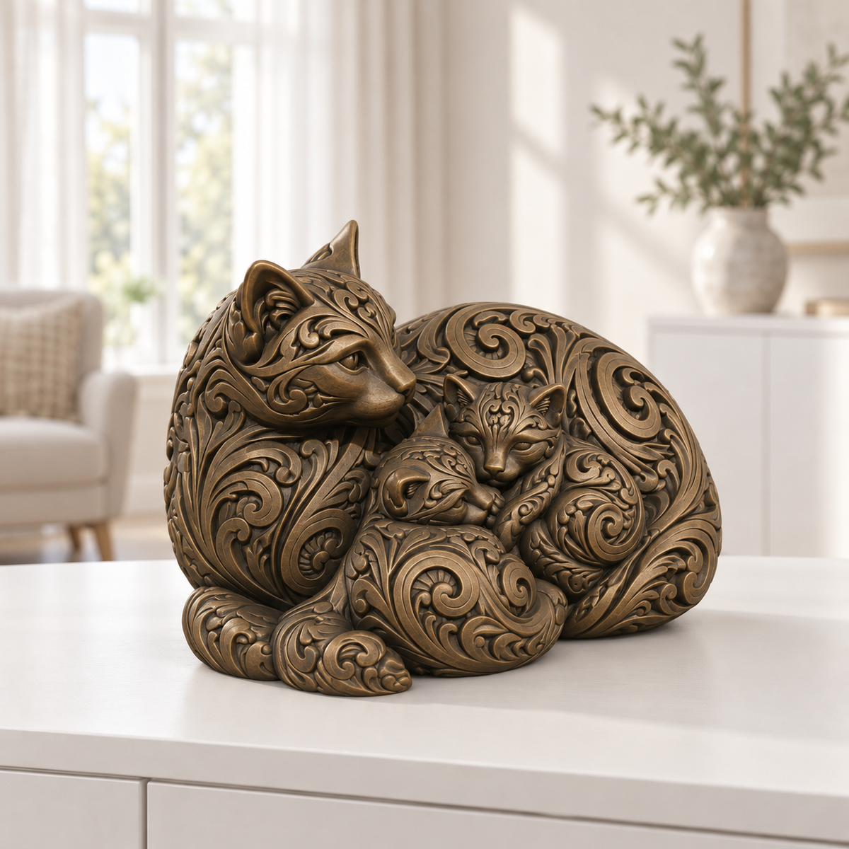 Katze mit Kätzchen Ornament - Bronze handbemalt Wohnzimmer