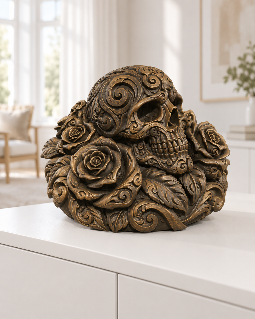 Totenkopf Rosen Ornament - Bronze handbemalt Wohnzimmer