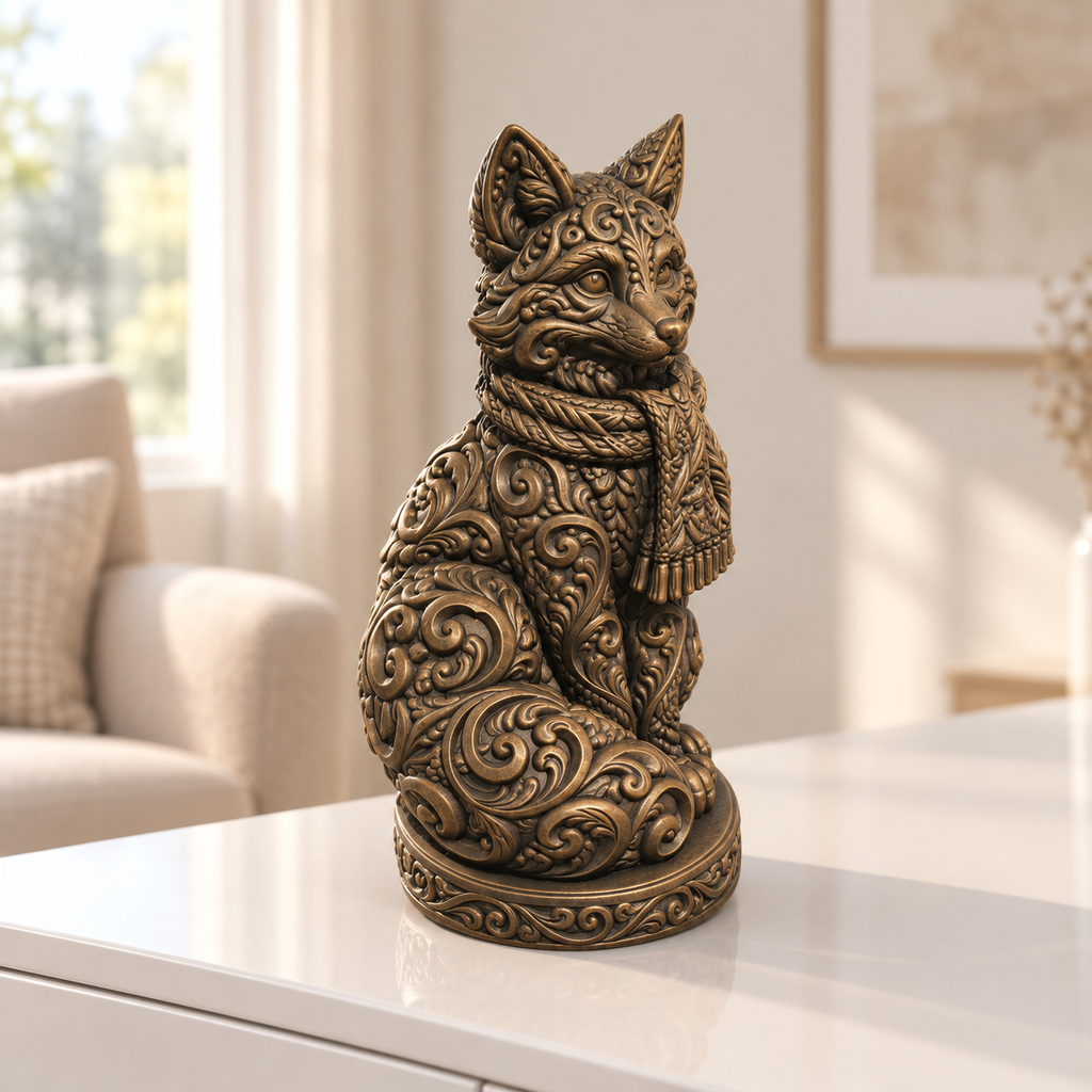 Fuchs mit Schal Ornament - Bronze handbemalt Wohnzimmer