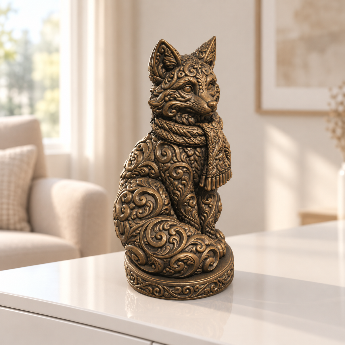 Fuchs mit Schal Ornament - Bronze handbemalt Wohnzimmer