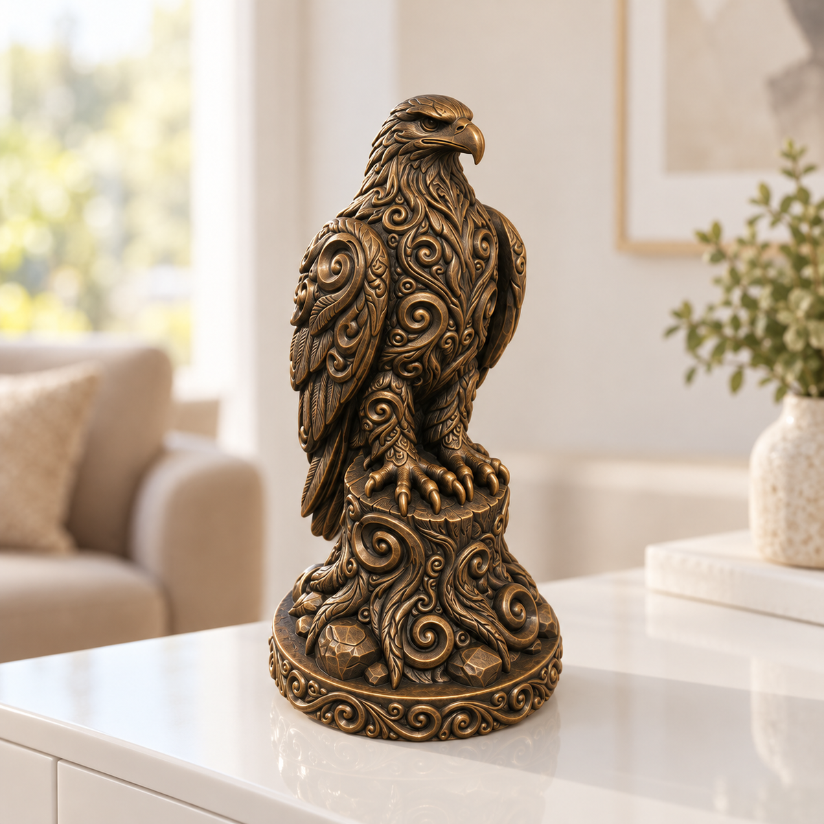Steinadler auf Stamm Ornament - Bronze handbemalt Wohnzimmer