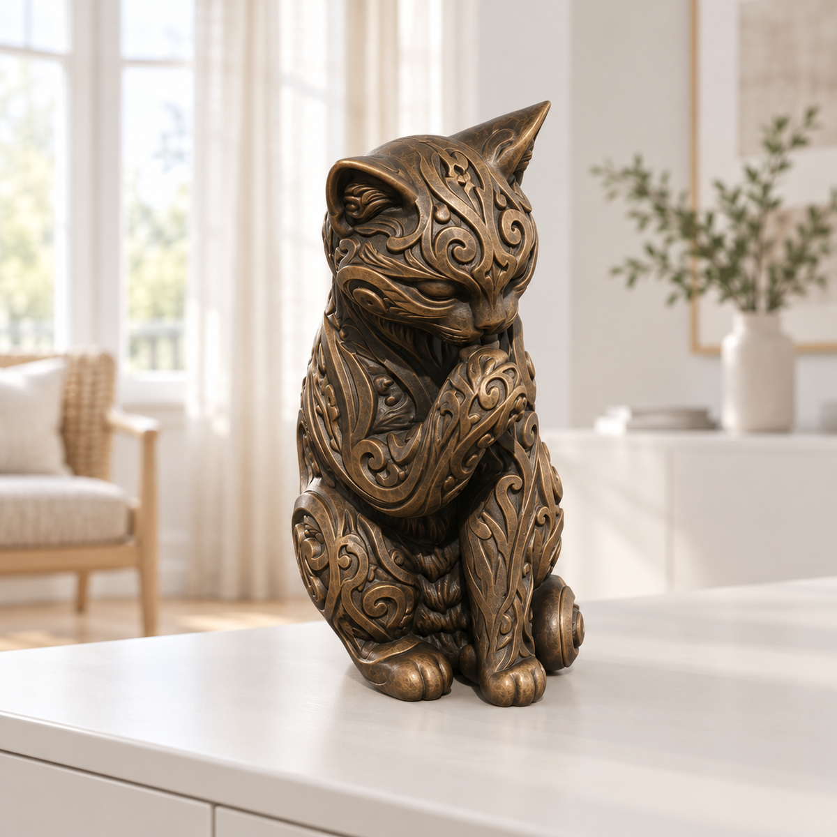 Katze beim Putzen Ornament - Bronze handbemalt Wohnzimmer