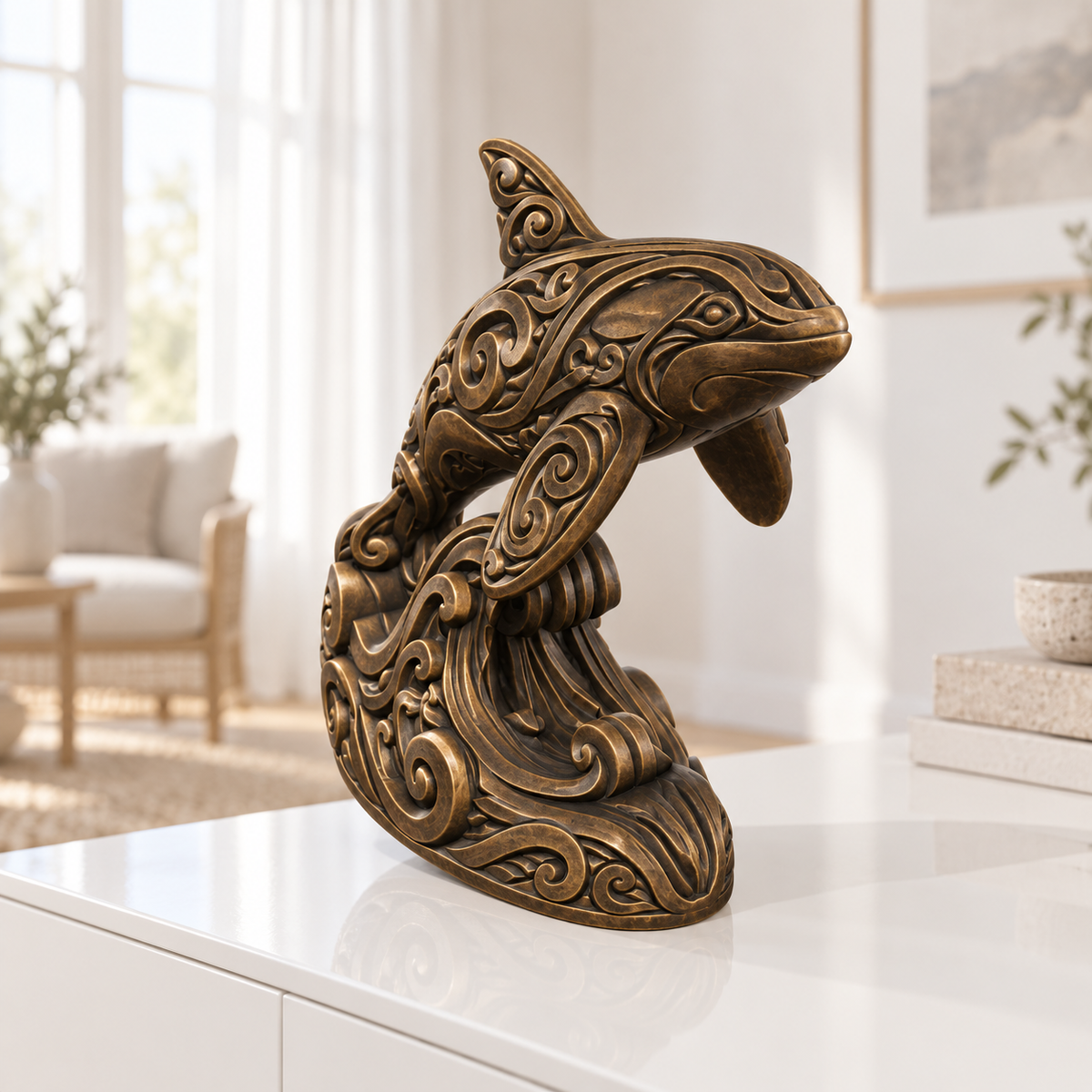 Orca auf Welle Ornament - Bronze handbemalt Wohnzimmer
