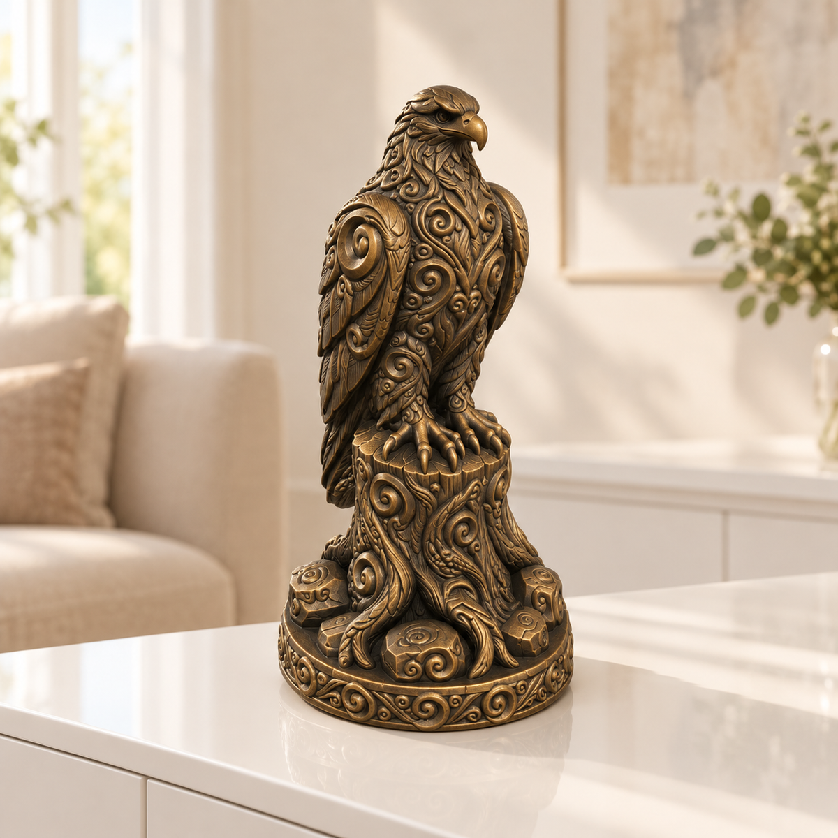 Habicht auf Stamm Ornament - Bronze handbemalt Wohnzimmer