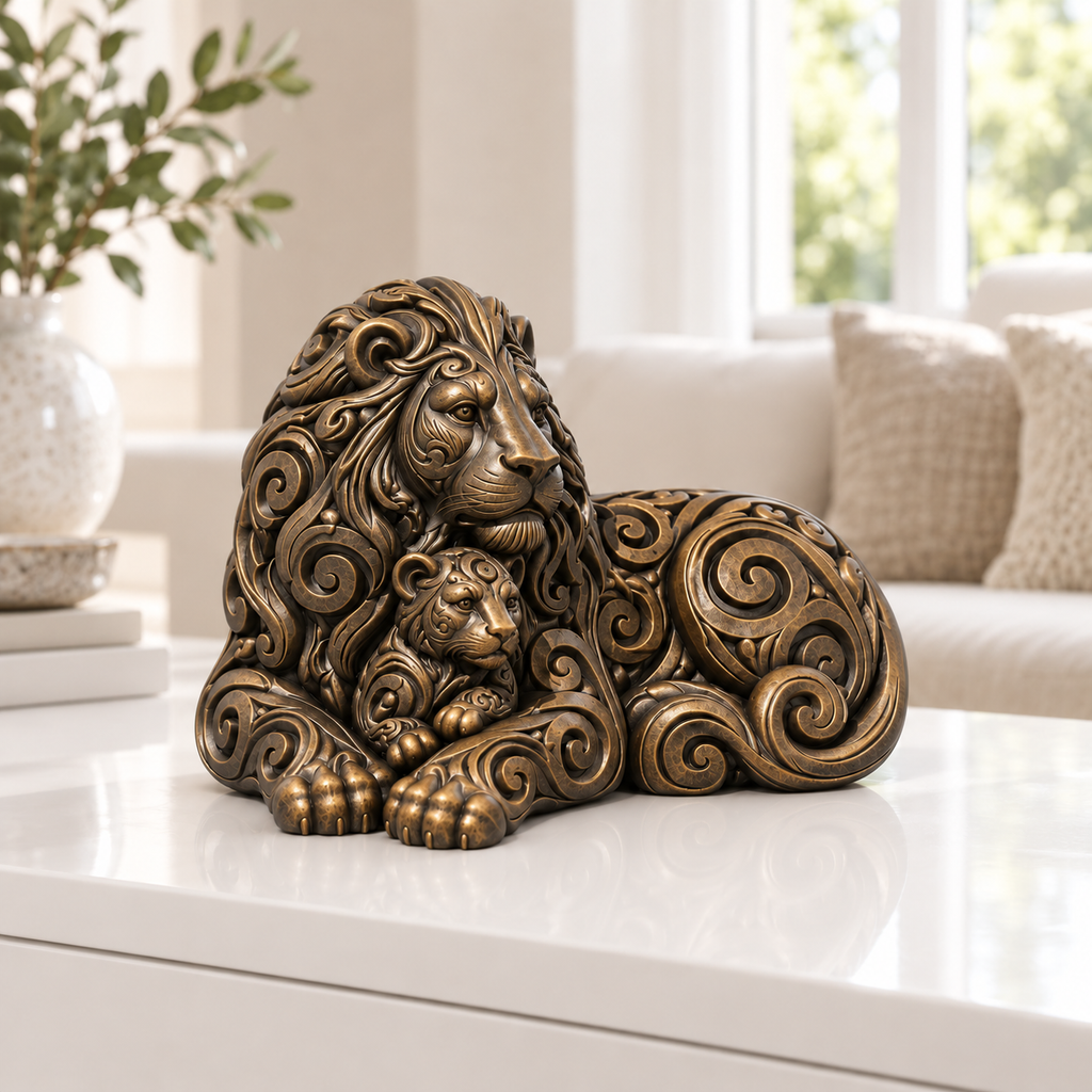 Löwe mit Jungem Ornament - Bronze handbemalt Wohnzimmer