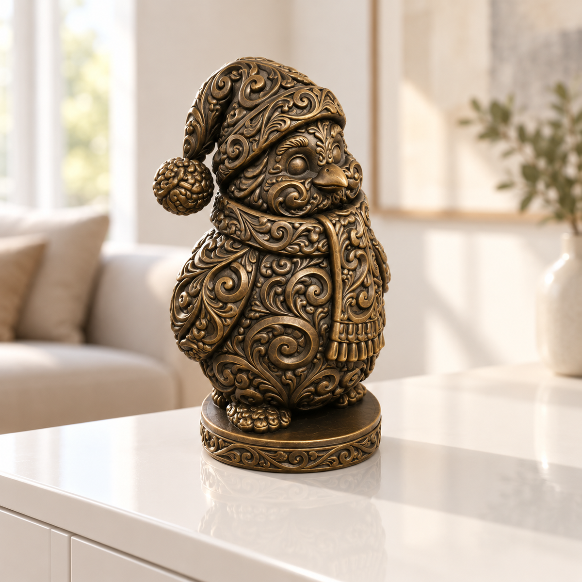 Pinguin mit Mütze Ornament - Bronze handbemalt Wohnzimmer