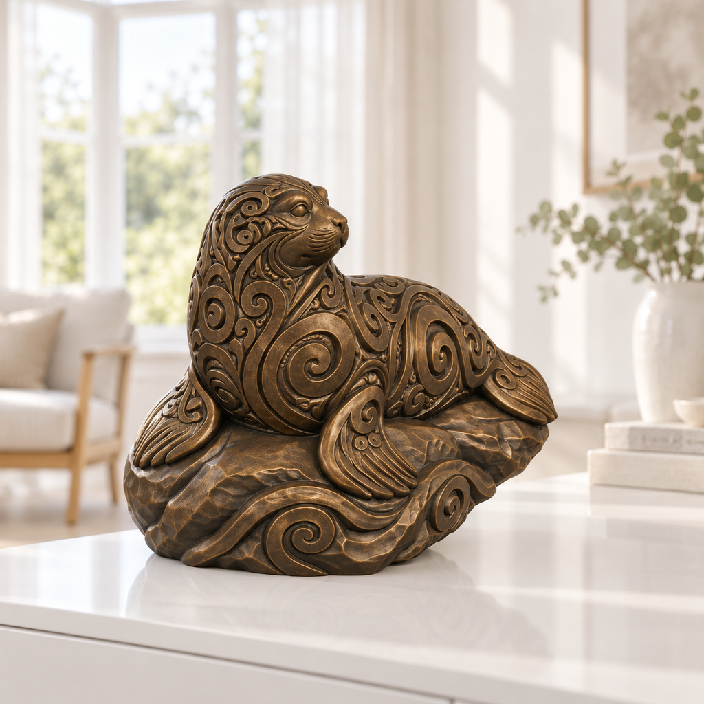 Robbe auf Felsen Ornament - Bronze handbemalt Wohnzimmer