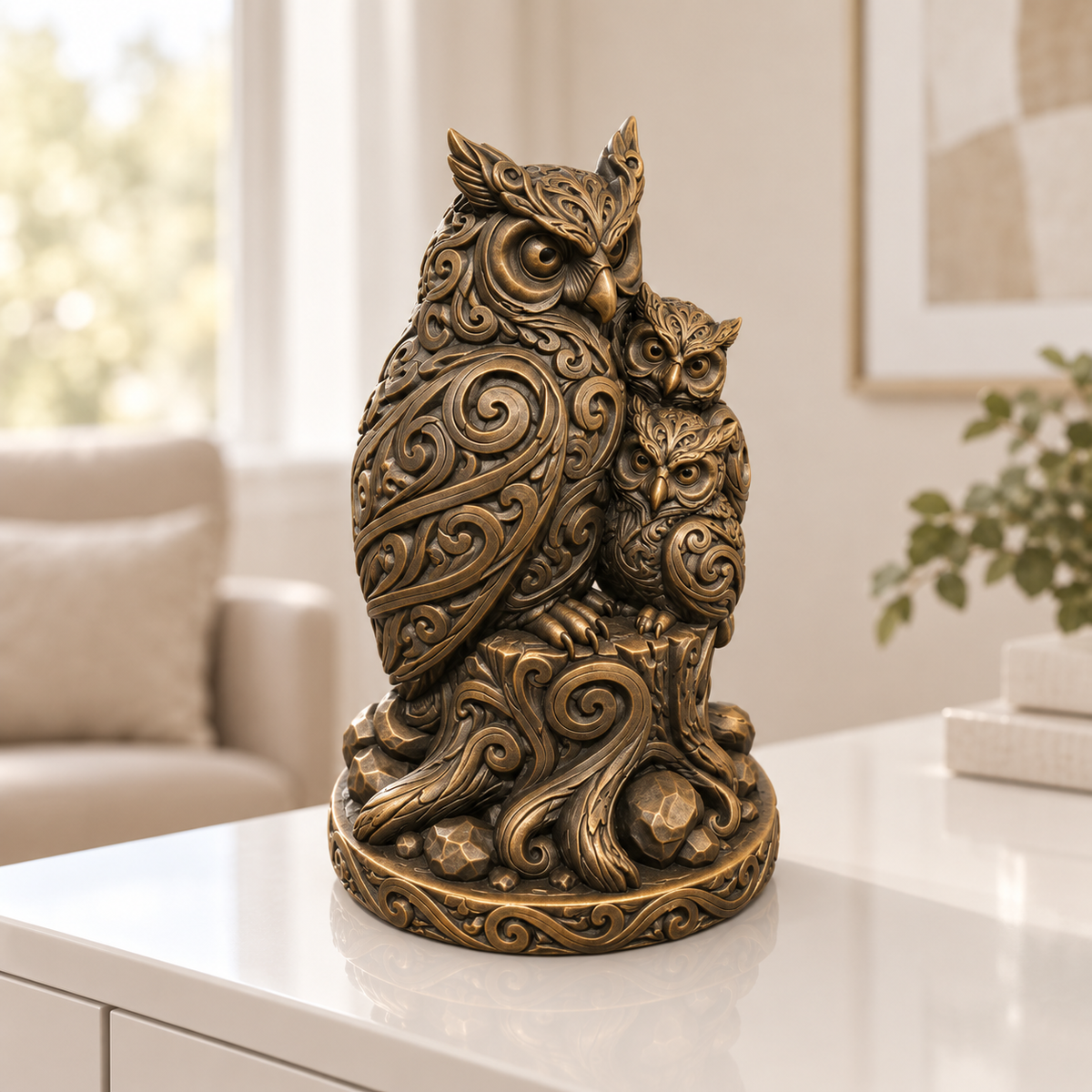 Eule mit zwei Jungen Ornament - Bronze handbemalt Wohnzimmer