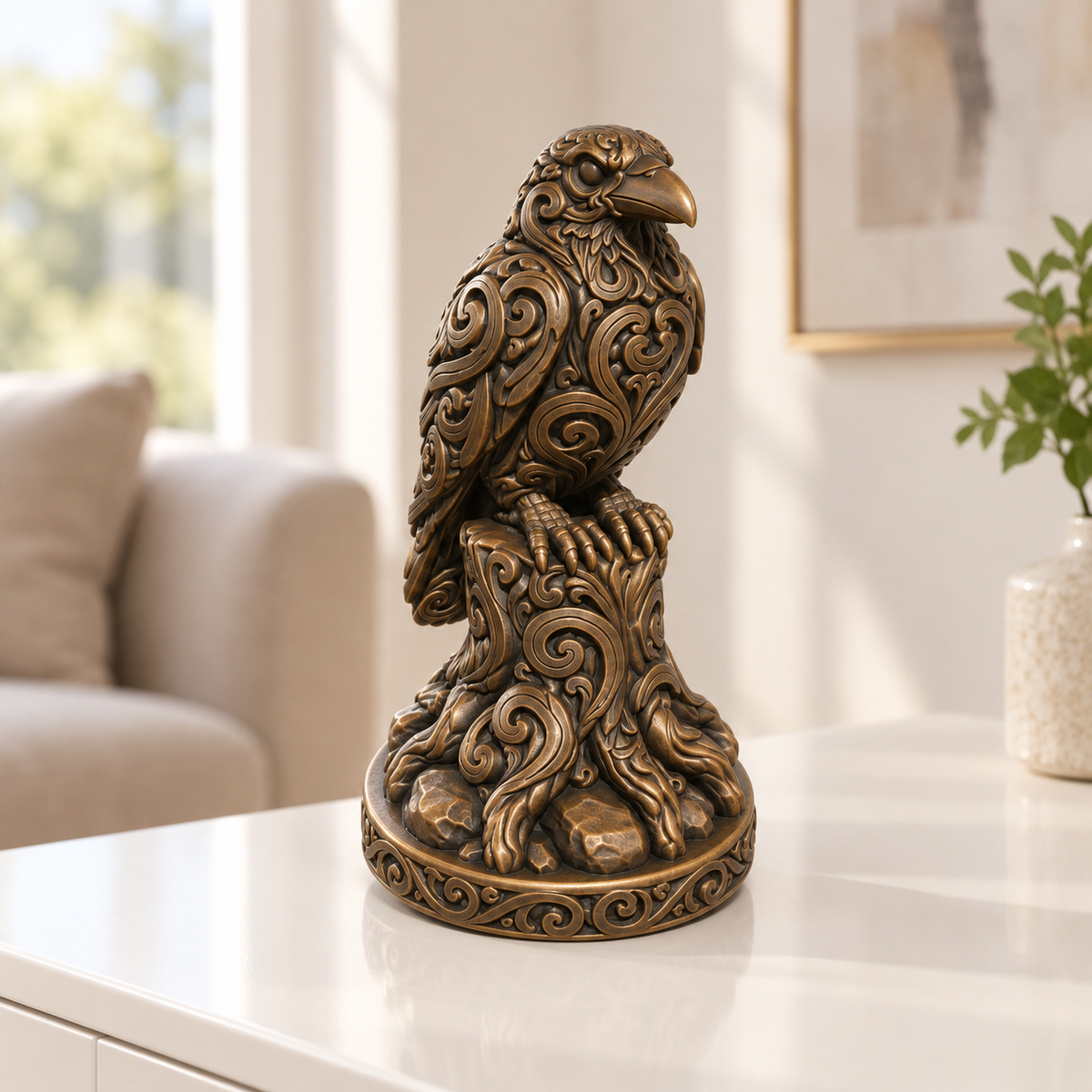 Rabe auf Baumstumpf Ornament - Bronze handbemalt Wohnzimmer