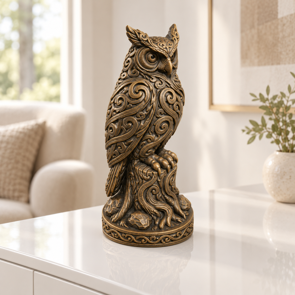Waldkauz auf Baumstumpf Ornament - Bronze handbemalt Wohnzimmer