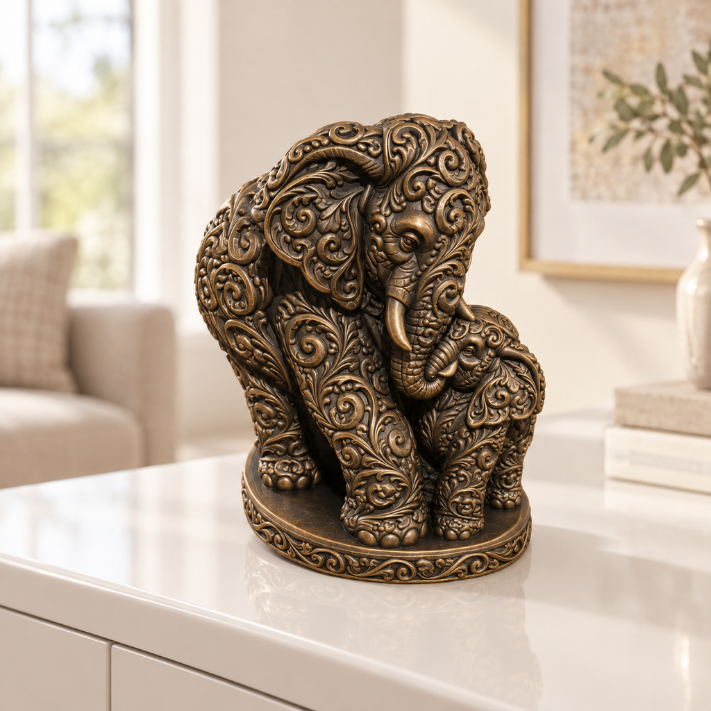 Elefant mit Kalb Ornament - Bronze handbemalt Wohnzimmer