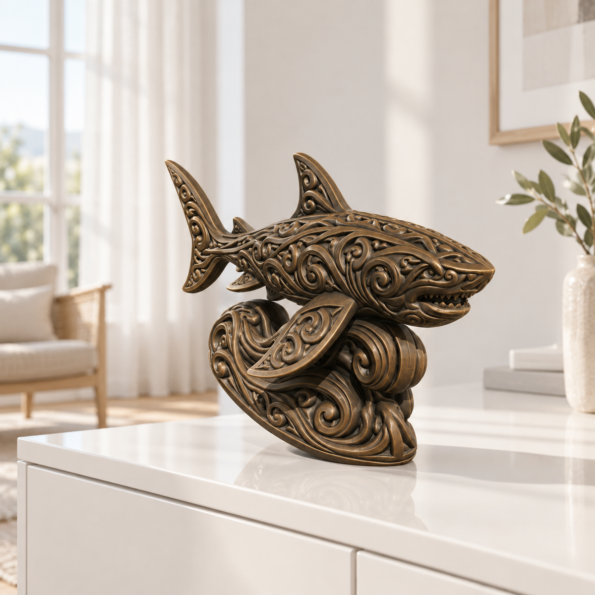 Hai auf Welle Ornament - Bronze handbemalt Wohnzimmer