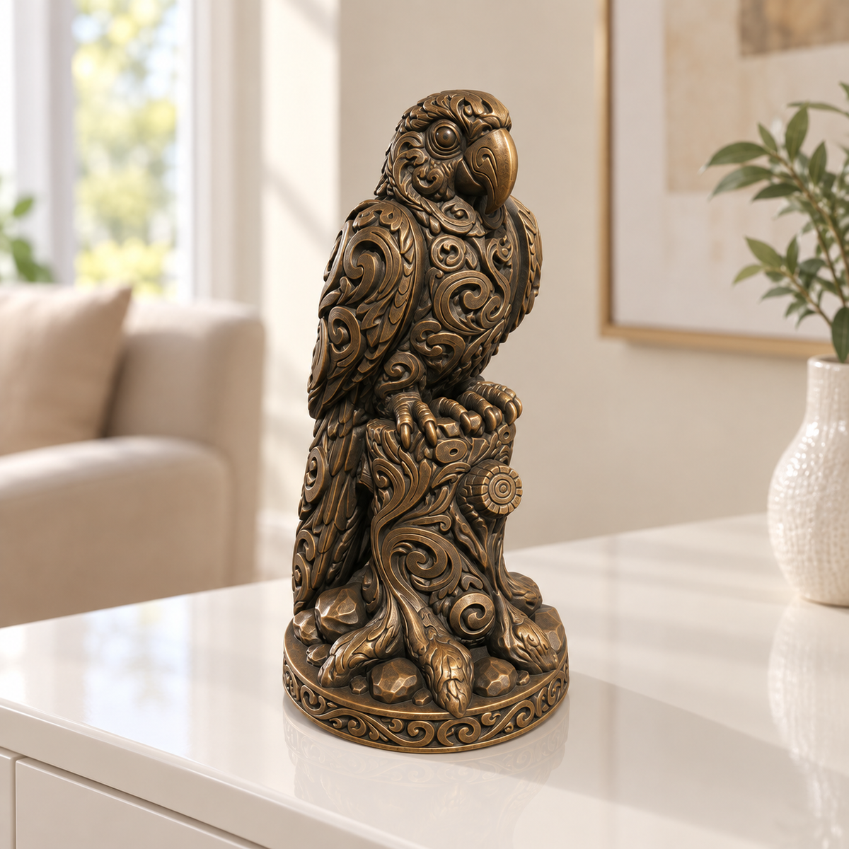Ara auf Baumstumpf Ornament - Bronze handbemalt Wohnzimmer