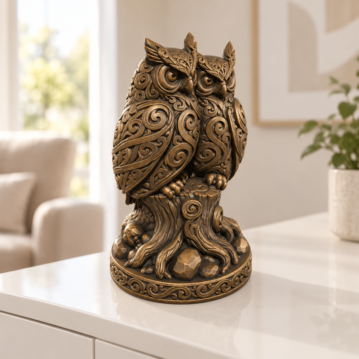 Eulenpaar auf Stamm Ornament - Bronze handbemalt Wohnzimmer