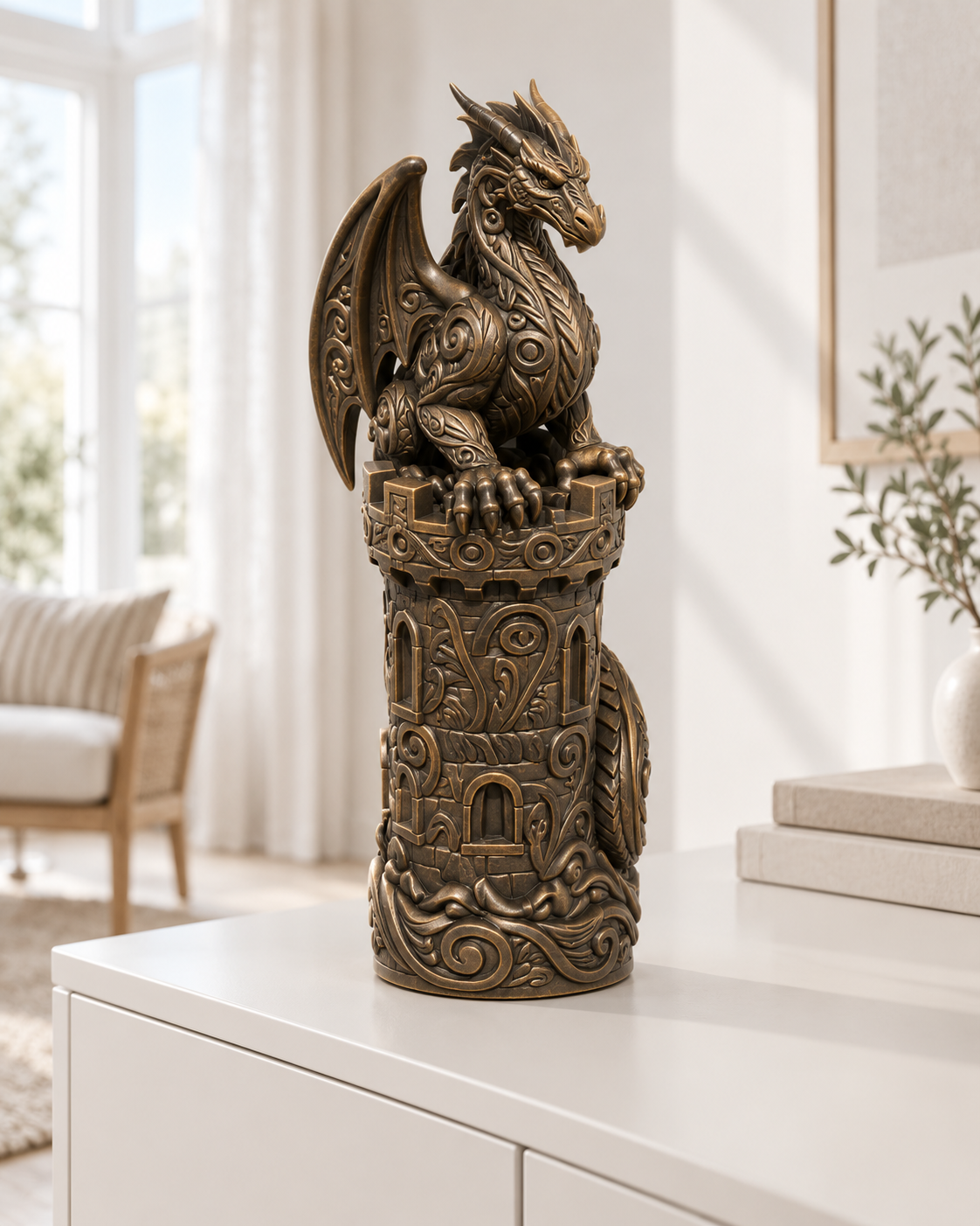 Drache auf Burgturm Ornament - Bronze handbemalt Wohnzimmer