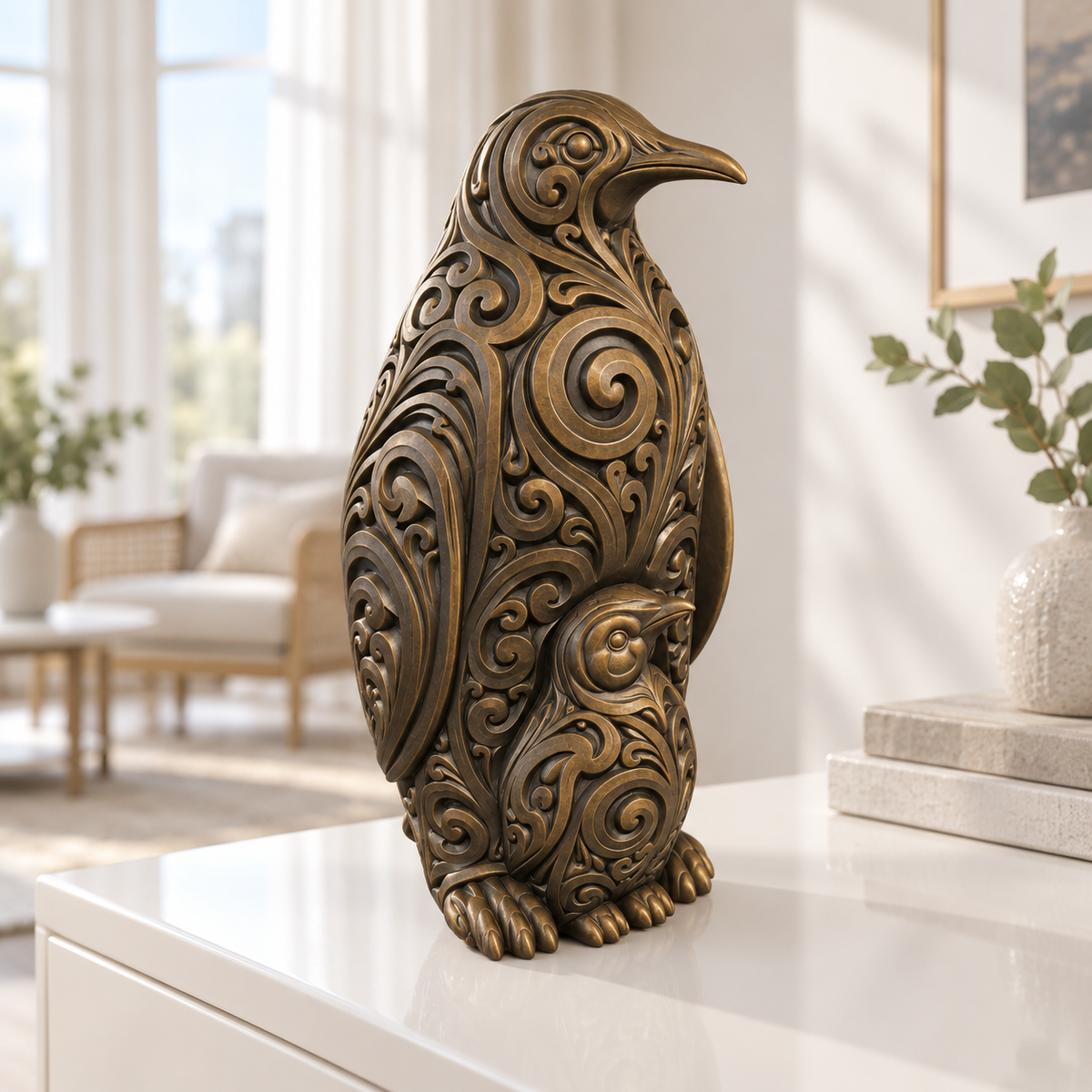 Pinguin mit Küken Ornament - Bronze handbemalt Wohnzimmer
