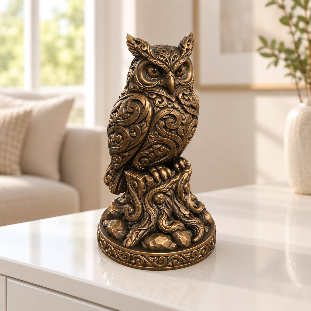Steinkauz auf Stamm Ornament - Bronze handbemalt Wohnzimmer