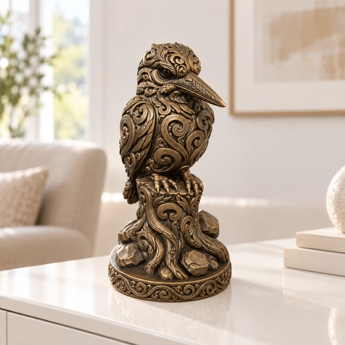 Eisvogel auf Stamm Ornament - Bronze handbemalt Wohnzimmer