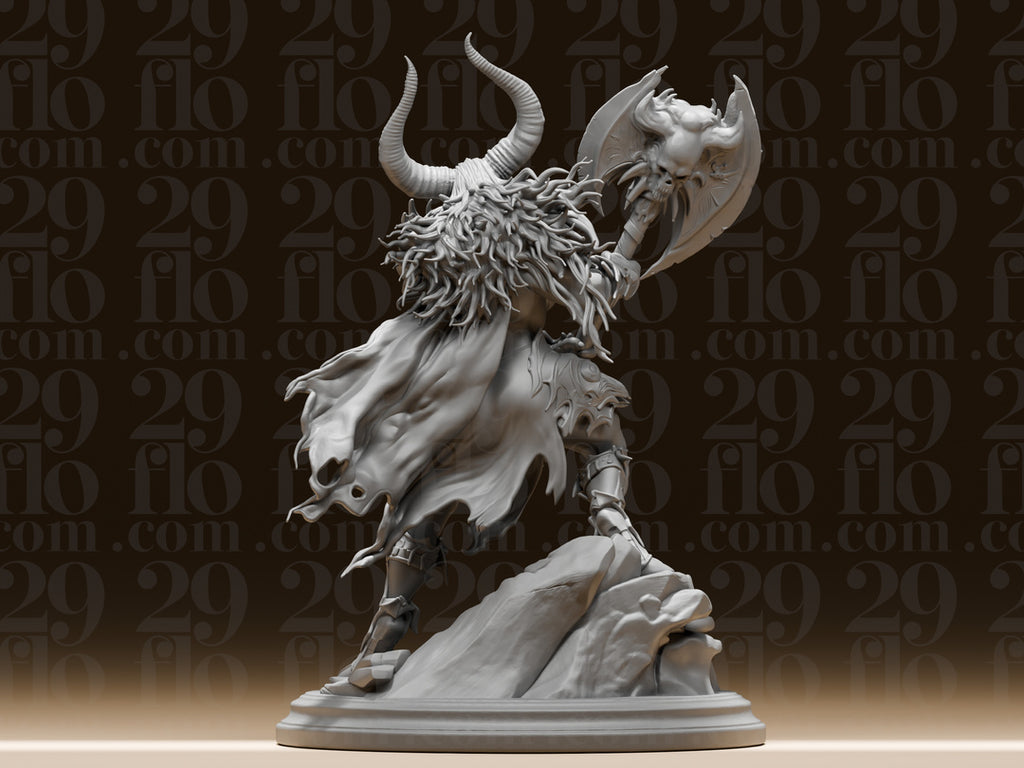 Dämonenkriegerin mit Totenkopf-Axt – Dark-Fantasy Skulptur FehnFactory