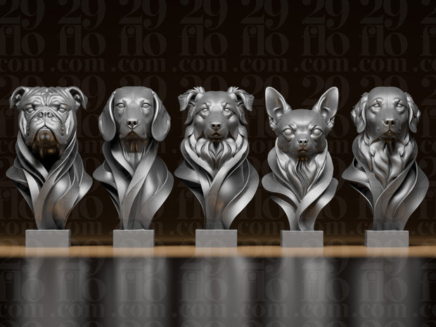 5 moderne Hundebüsten – Bulldogge, Beagle, Australian Shepherd, Chihuahua & Golden Retriever FehnFactory