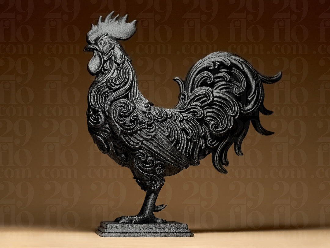 Florale Hahn-Skulptur – Ornamentaler Vogel auf Sockel FehnFactory